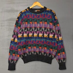 Vintage Boston Traders Sweater Multicolor Geometric Pure Wool Knit 90s Medium